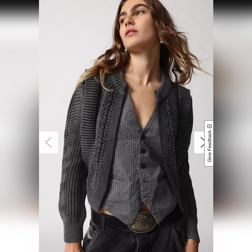 Urban Outfitters Cable Knit Cropped Cardigan, Charcoal Gray, Size Large,‎ Grunge